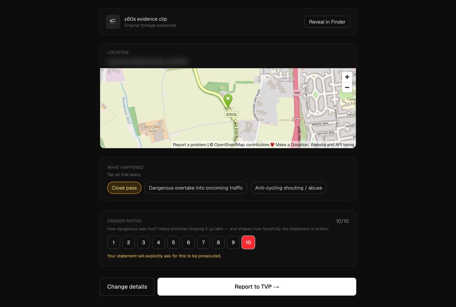 Location pinned on a map with what-happened tags and a danger rating of ten with a prosecution note