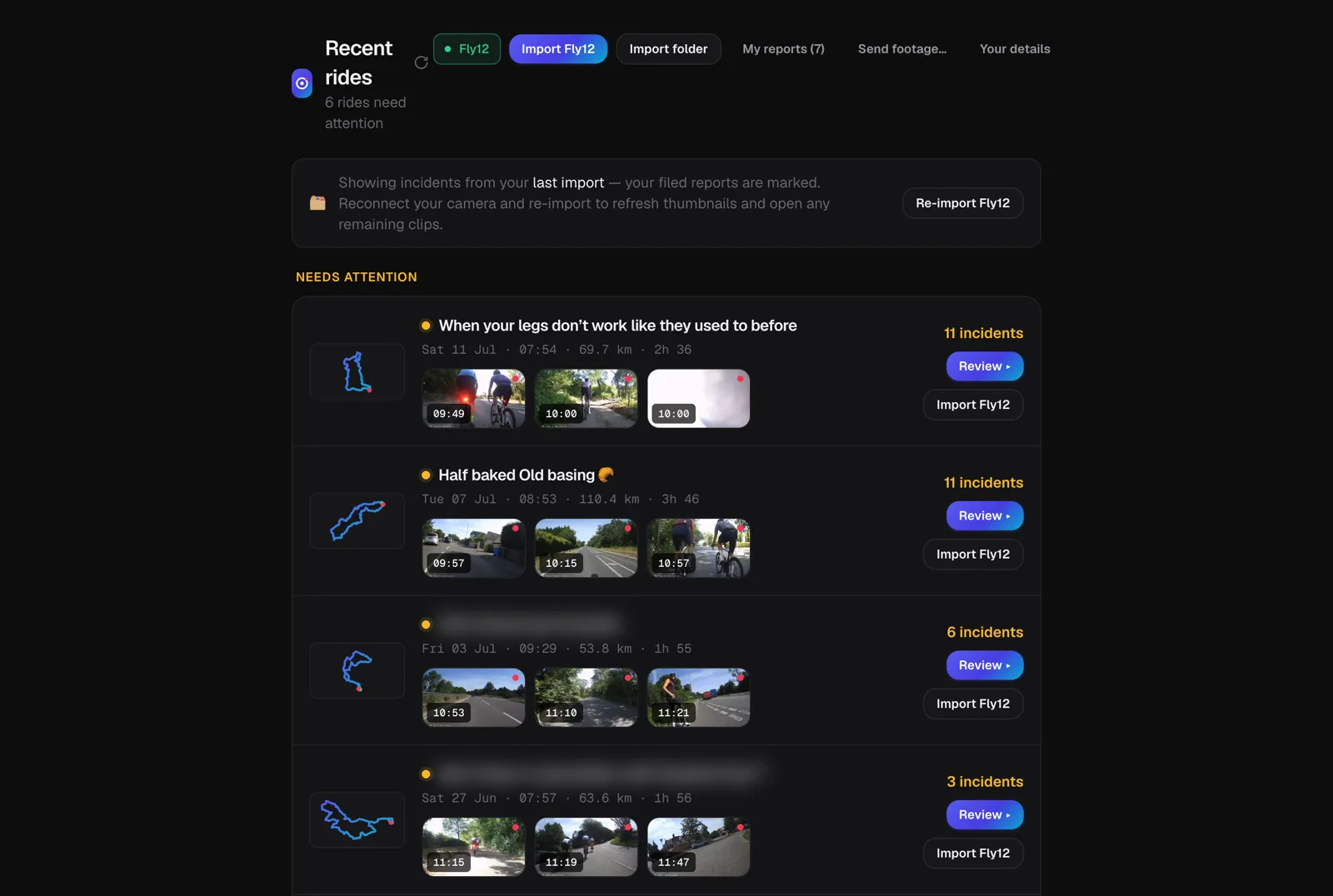 Report-It home screen showing recent rides with route thumbnails, incident counts and a needs attention list