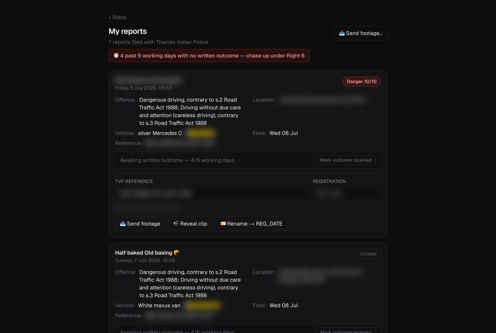 My reports log showing filed reports with police reference numbers, danger ratings and a footage sent confirmation