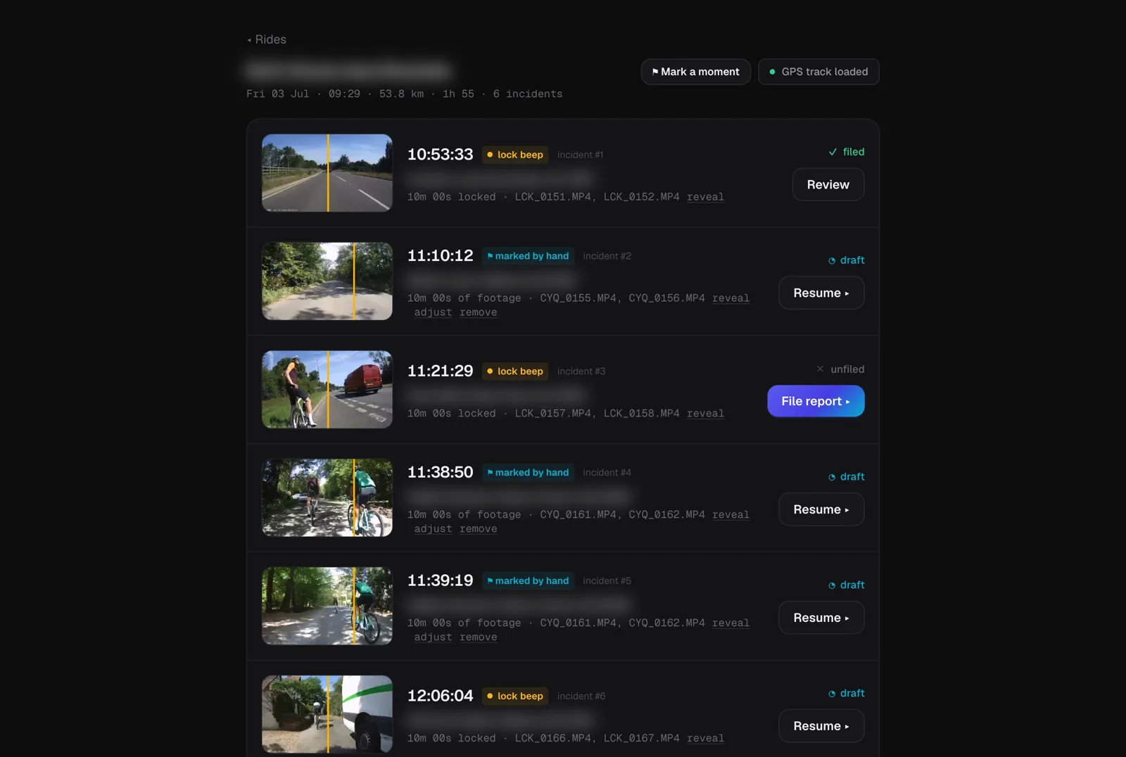 Report-It ride view listing six detected incidents with addresses, statuses and a File report button