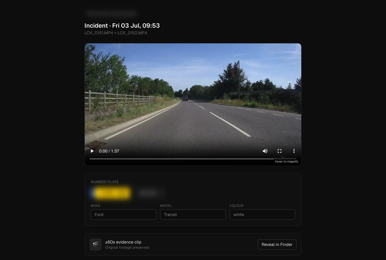 Incident workbench with footage player, the number plate read automatically into a UK plate chip, and vehicle details